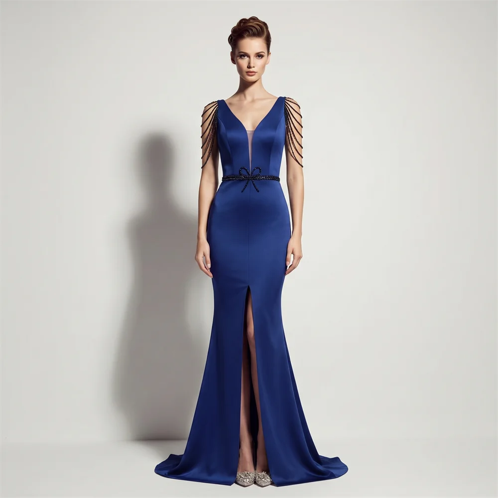 

Elegant Mermaid Evening Dress V-Neck Soft Satin Beaded Women's Formal Party Dress for Special Occasions