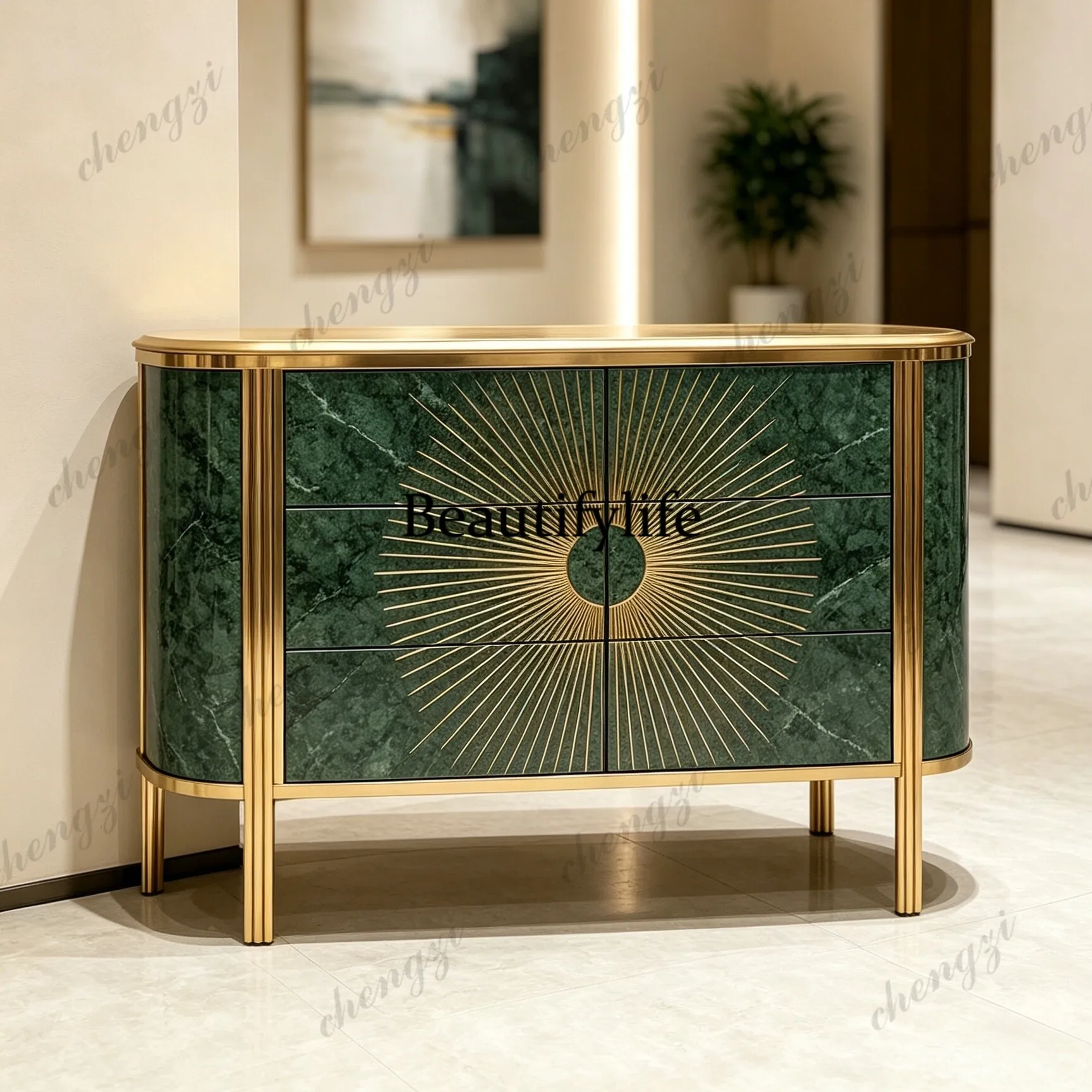 French light luxury arc emerald luxury stone chest cabinet sun radiation pattern entrance cabinet living room