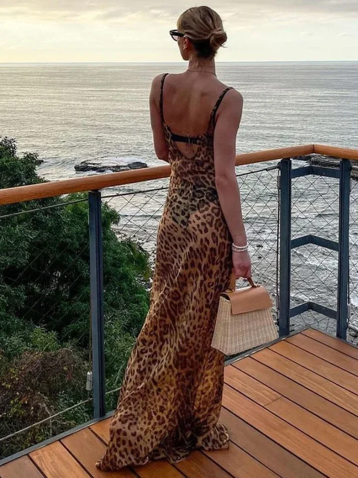 

Summer Leopard Sexy See Through Dress Maxi Backless Sheer Beach Dress Lace Up Elegant Floor Length Holiday Dress