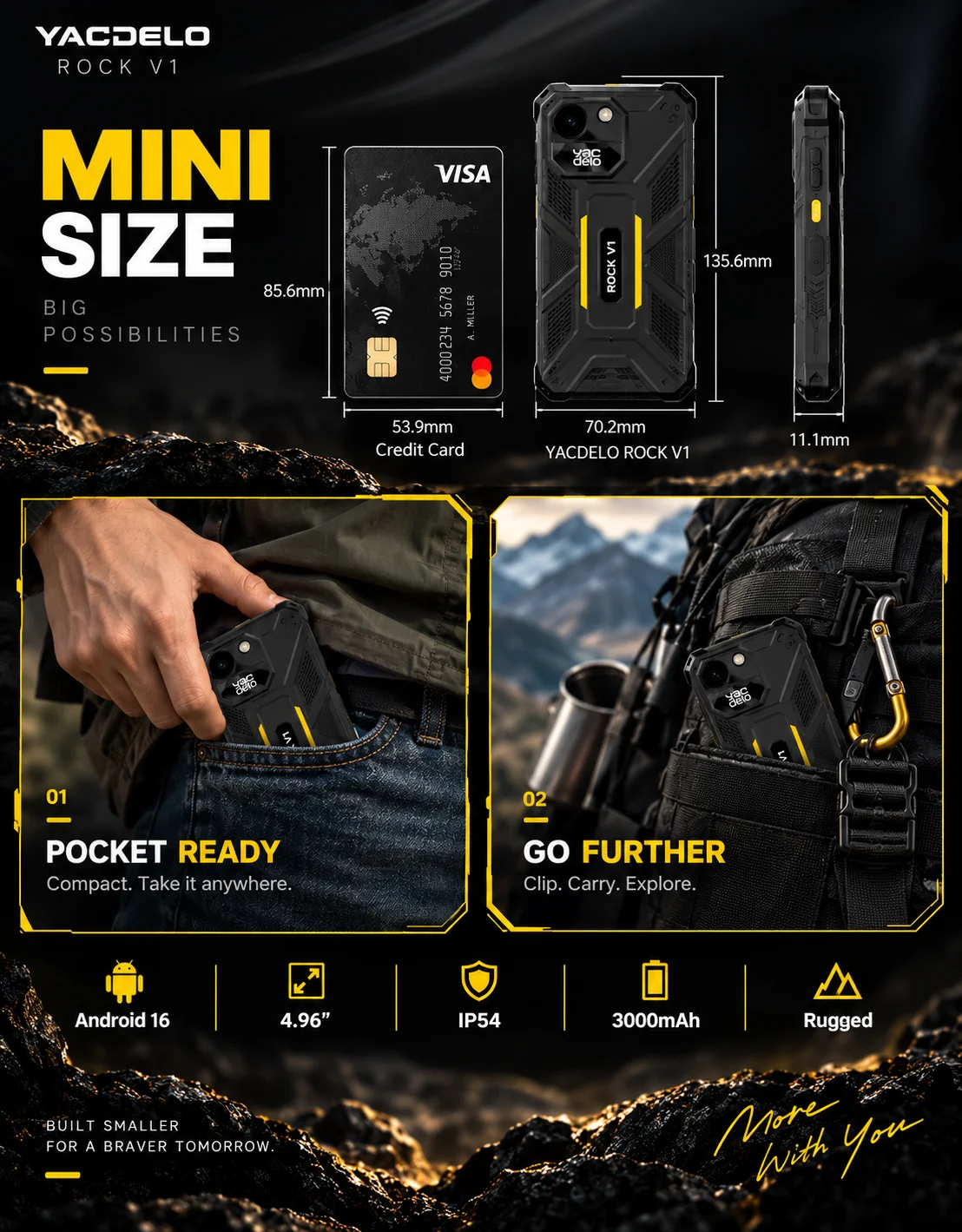 YACDELO ROCK V1 Mini Rugged Phone Compact Size 4.96" Display 3GB 32GB Removable 3000mAh Battery Android 16 GO Light Weight Phone