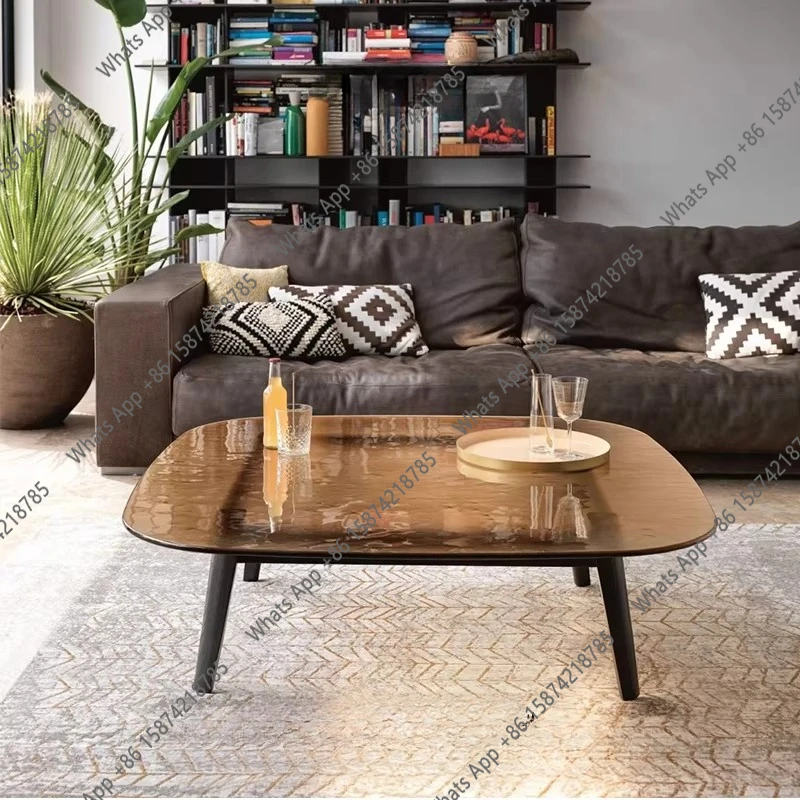 

Italian minimalist hot melt tempered glass coffee table square solid wood legs living room sofa coffee table furniture