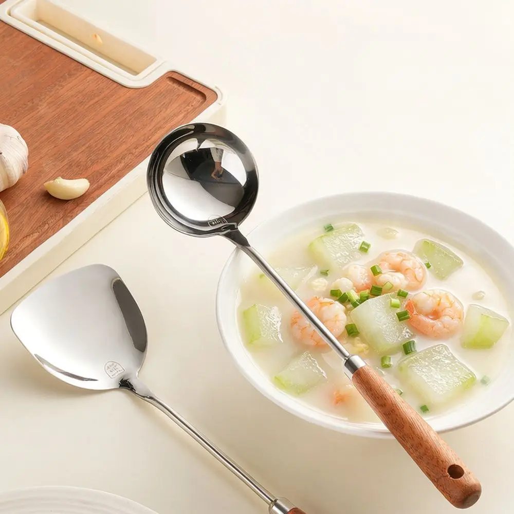 High Quality 304 Stainless Steel Mini Kitchen Shovel Sapele Wood Handle Cooking Soup Spoon Hot Pot Skimmer Gadget