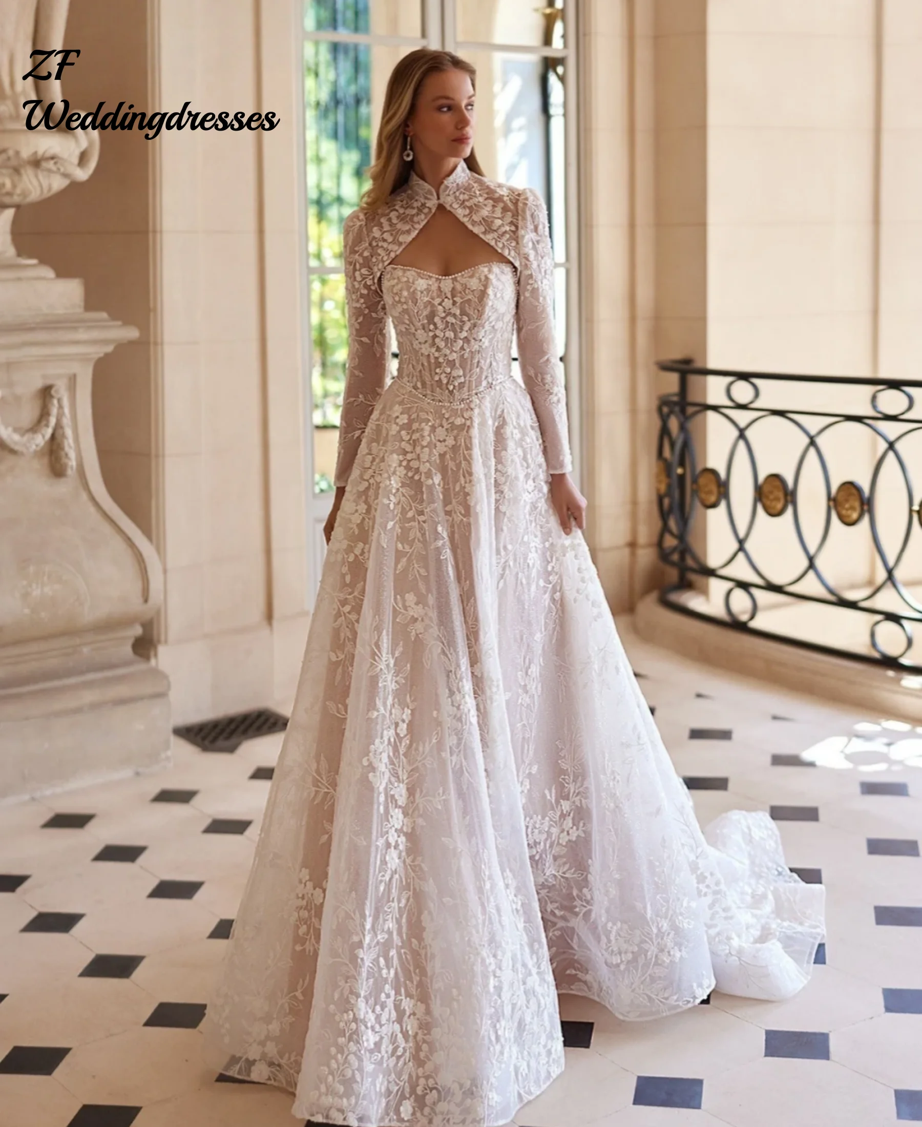 Luxury Lace A-Line Wedding Dress with Long Sleeve Appliqué Bridal Gown with Elegant Train Vestidos De Noiva