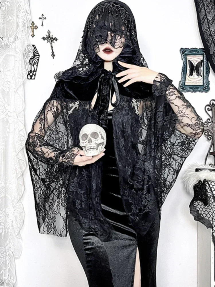 Black Witch Halloween Magical Cloak for Women Gothic  Dark  Sexy  Slightly Sheer Lace Women  Top  Garment.