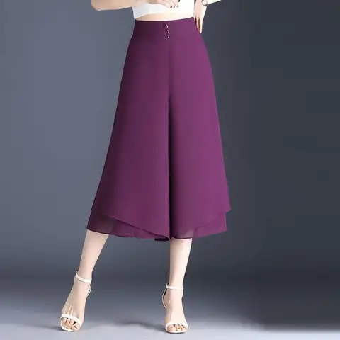 High Waist Wide Leg Pants Summer New Style Chiffon Drapey Straight Cut Seven-Foot Double Layer Skirt Mommy Pants Comfortable...