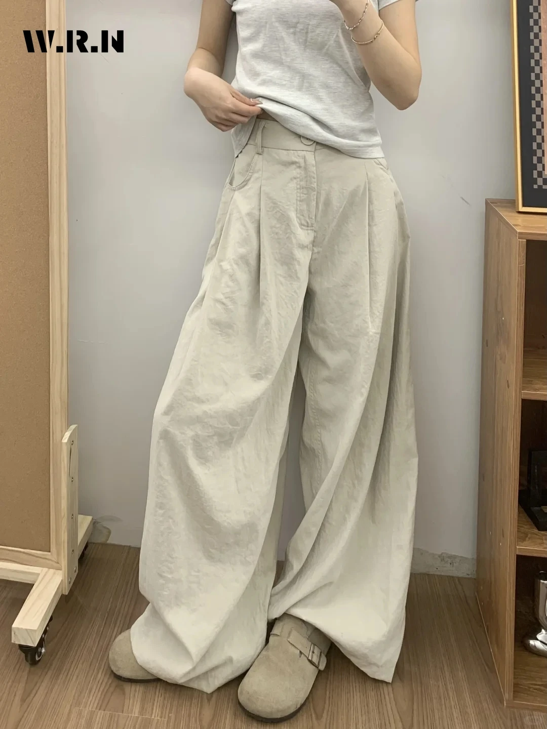 

2025 Summer Casual Safari Style Wide Leg Straight Pants Women's Fashion Loose High Waist Vintage Full Length Solid Trousers