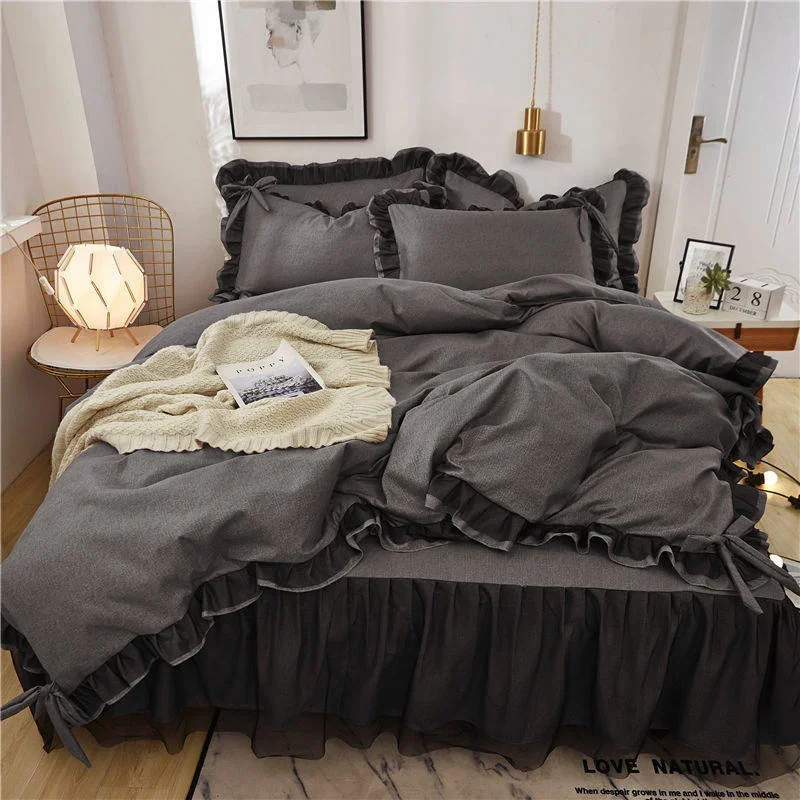 Luxury Black Princess Bedding Sets Kawaii Bed Skirt Sheet Pillowcase Fashion Girl Duvet Cover 4 Pieces Home Decoration