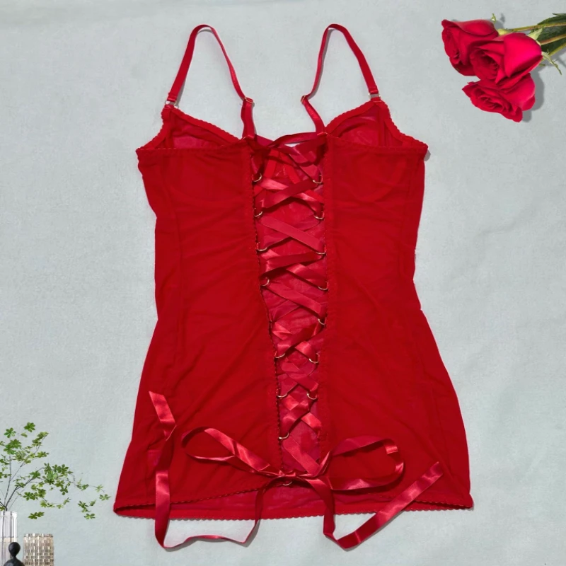 Push up หน้าอกสนับสนุนตาข่ายสปาเก็ตตี้ชุดสายรัดดูผ่านเซ็กซี่ Contrast สี Cross Lace - up Backless เซ็กซี่รัดตัว