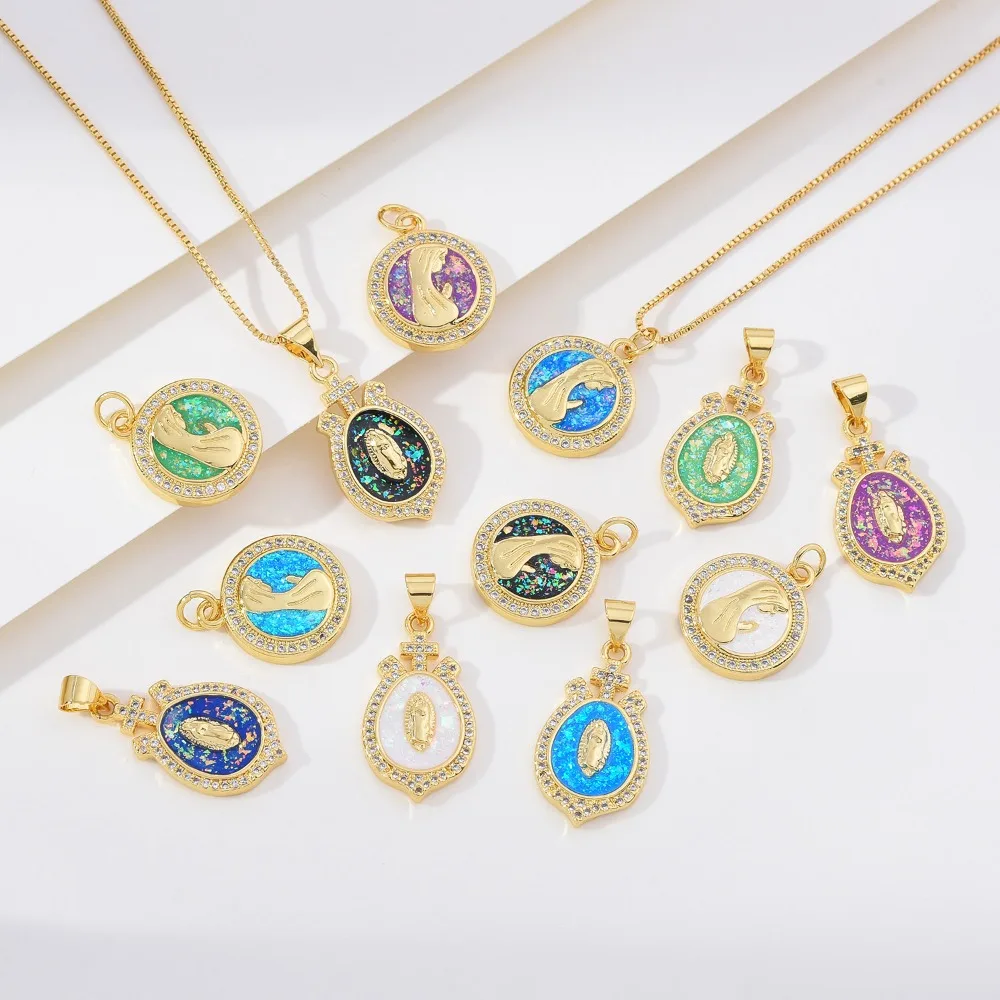 

1 Piece Virgin Mary Shell Opal Pendant for DIY Necklace Jewelry Making Copper Plated Inlay Zircon Round Oval Charm Accessories