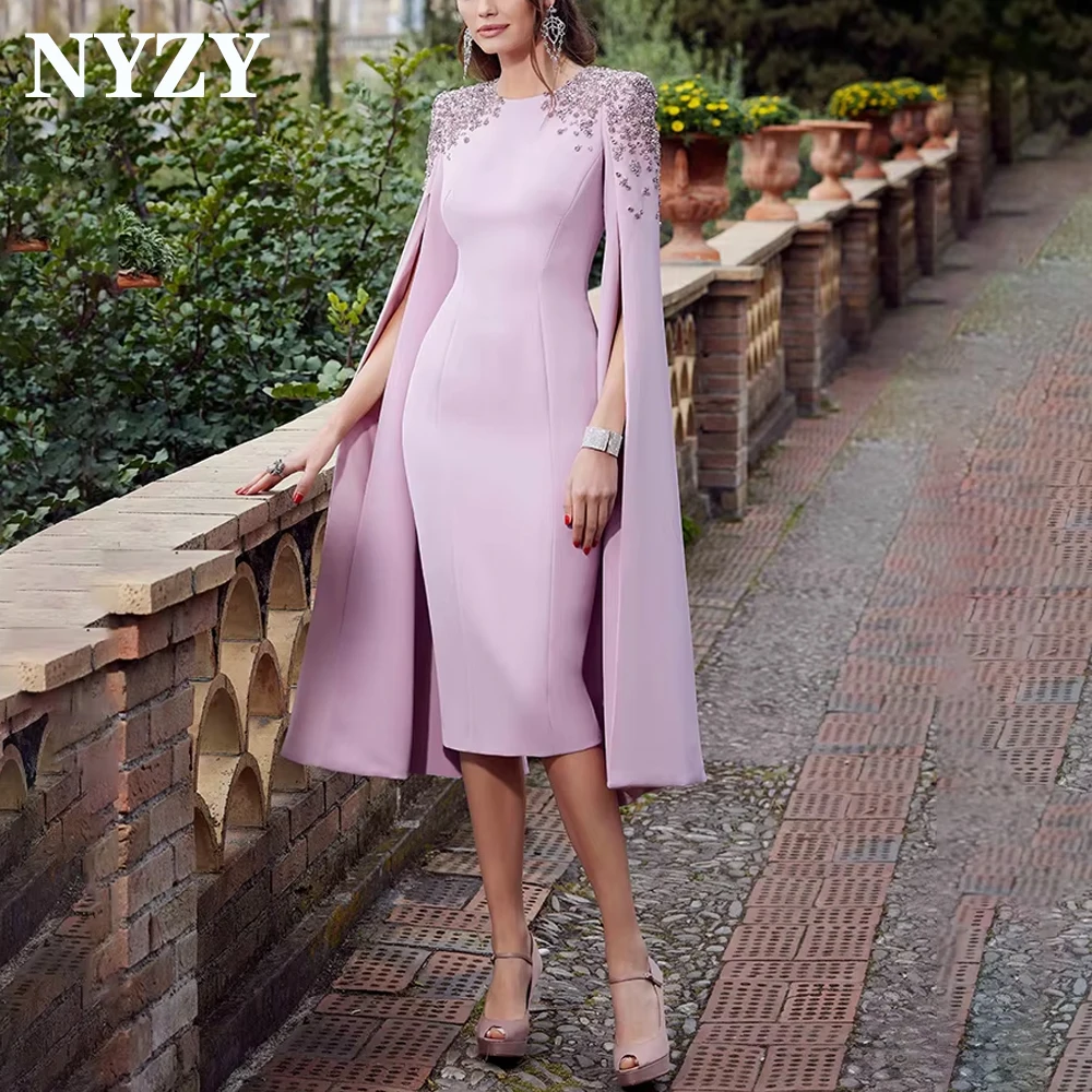 NYZY E464 Customized Chiffon Heavy Beaded Cape Long Sleeves Short Evening Dresses Pink 2025 Date Party Prom Formal Gowns