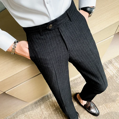 Imagen 1 del producto Pantalones de traje a rayas a cuadros de Color sólido para hombres, traje informal Formal de oficina de negocios, pantalones de vestido de novia para novio, moda Boutique