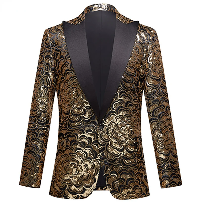 

Luxury Golden Floral Sequin Tuxedo Jacket Men Peak Collar Shining Glitter Blazers Mens Wedding Dinner Party Blazer Homme