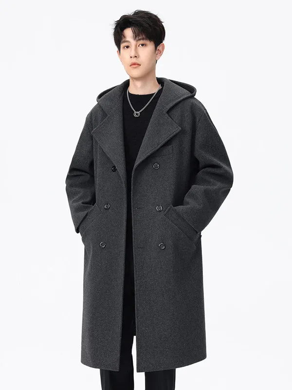 

Мужское зимнее длинное шерстяное пальто с двойной застежкой на пуговицах, с капюшоном, темно-серое, высококачественная модная верхняя одежда в повседневном стиле