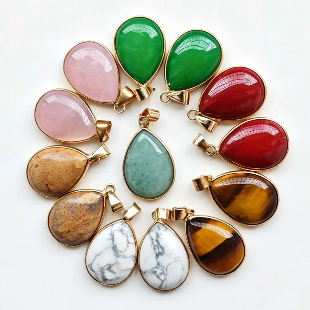 12pcs Mixed Natural stone Good Quality gold-plate side water drop pendants for Necklaces jewelry making fast shipping Wholesale