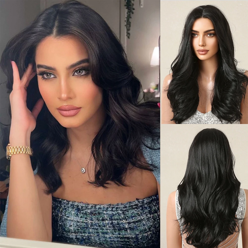 

Объемная волна, кружевные передние синтетические парики, длина плеч, волнистые темно-черные волосы, средняя часть парика для афро-женщин, кружевные парики, термостойкие