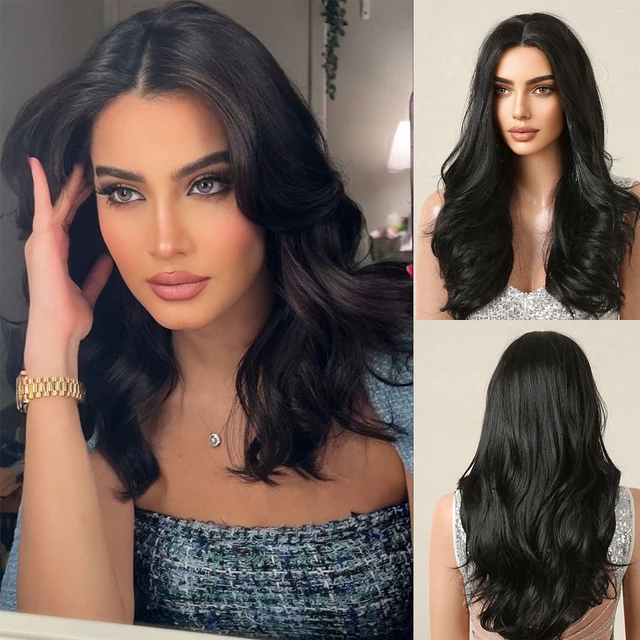 Body Wave Lace Front Synthetic Wigs Shoulder Length Wavy Dark Black Hair Middle Part Wig for Afro Women Lace Wigs Heat Resistant