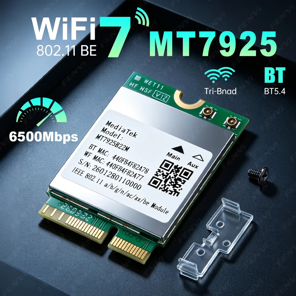 WiFi 7 M.2 MT7925 Wireless Card Tri-Band 2.4G/5G/6GHz Bluetooth 5.4 Network Adapter 6500Mbps for Windows 11 Laptop PC