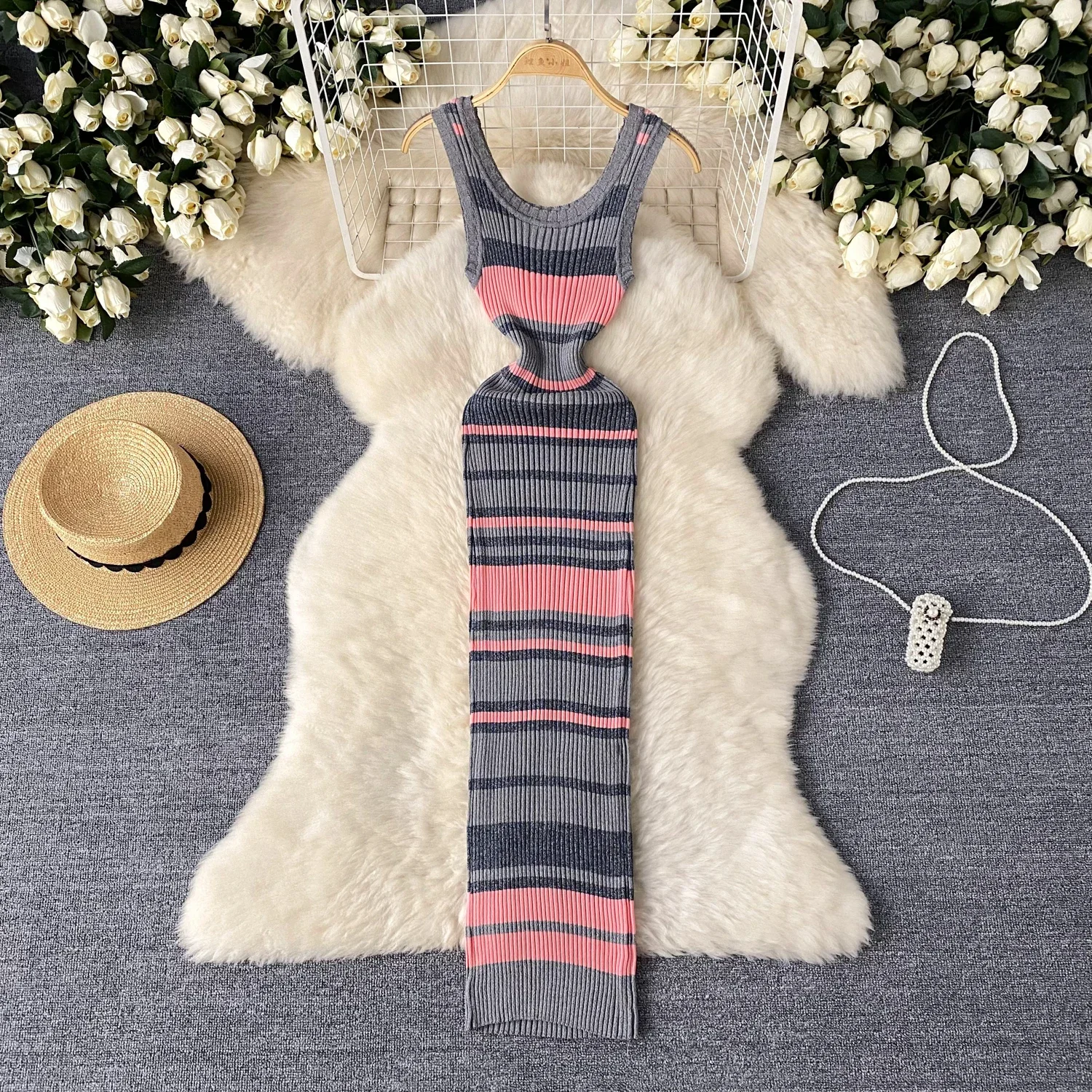 2024 Summer Strip Knit Sexy Strap Dress Women Tank Elatic Waist Bodycon Sundress Female Beach Long Dress