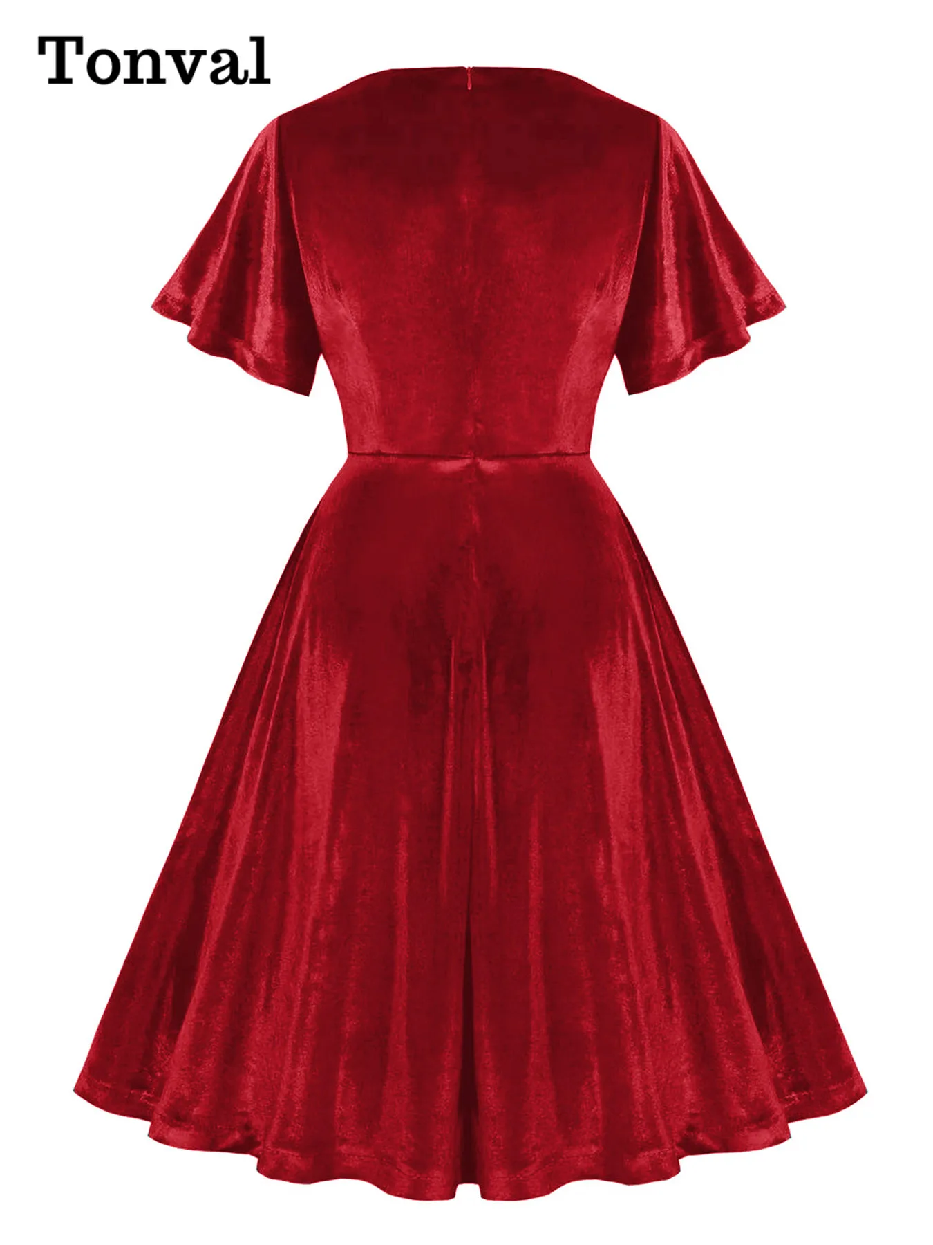 Tonval Velvet Winter Christmas Party Elegant Dresses Women Sweetheart Neck Butterfly Sleeve Green Solid Plain Vintage Dress