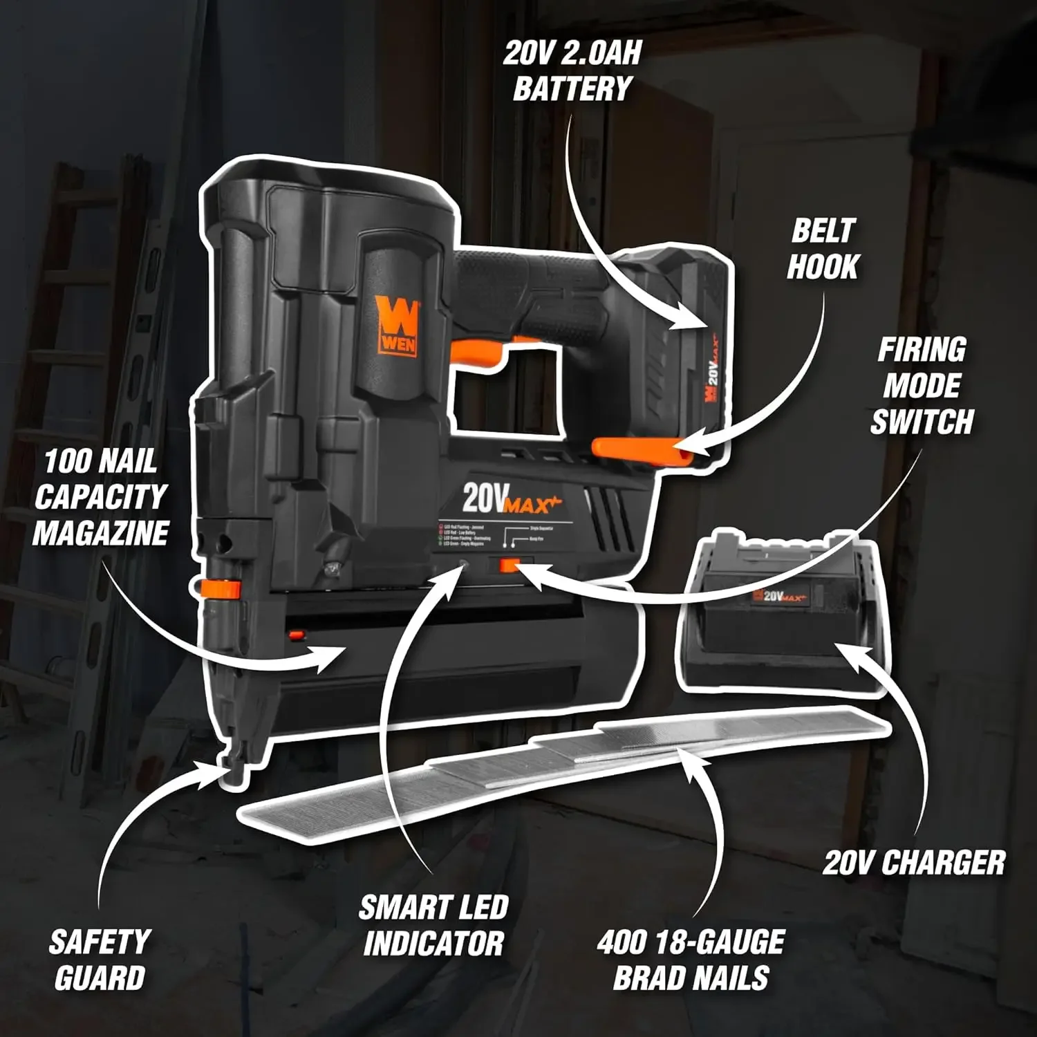 Imagem -03 - Wen 20v Max Cordless Brad Nailer de 18 Calibres com Bateria de 20ah e Carregador 20512