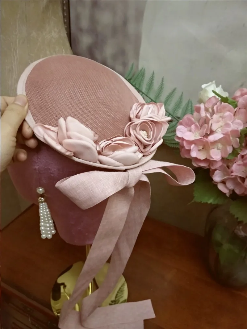 Pink Flower  Medieval Formal Hats Vintage Women Fedoras  Bonnet Girls Cosplay Photo Props Floral l Fascinator Chapeau