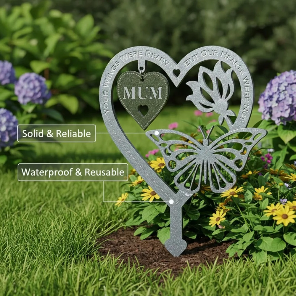 

Grave Decorations for Cemetery Garden Memorial Plaque Heart Decorative Graveside Stick with Butterfly Flower Stake