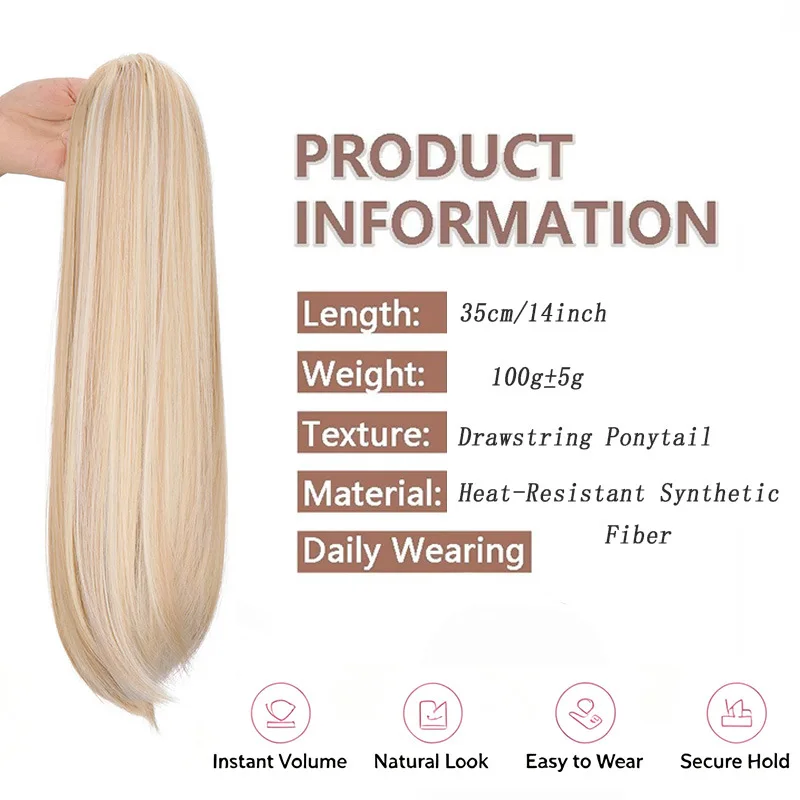 14' Synthetic Drawstring Ponytail Hair Extension For Women Short Straight Clip-in Ponytail Hairpiece Heat Resistant Fiber Hair