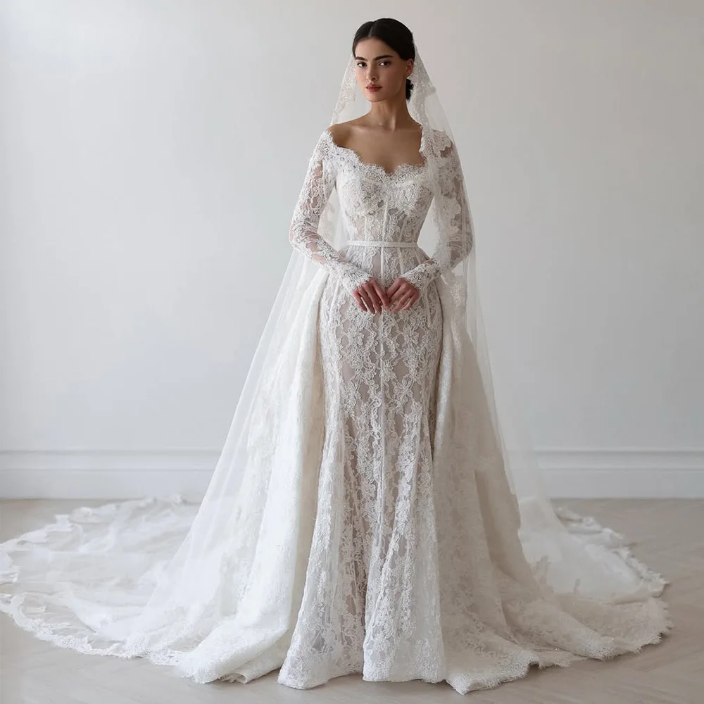 

Charming Sweetheart Long Sleeves Robe de mariée Customized Dreamy Mermaid Wedding Dress Exquisite Appliques Lace Bridal Gowns