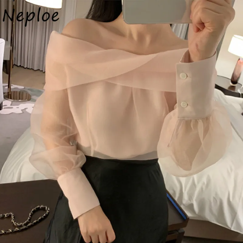 Neploe Slash Neck Spalla senza spalline Camicetta in rete Donna Primavera 2024 Nuovo Pullover Manica lunga Blusas Solid Slim Fit Camicia selvaggia