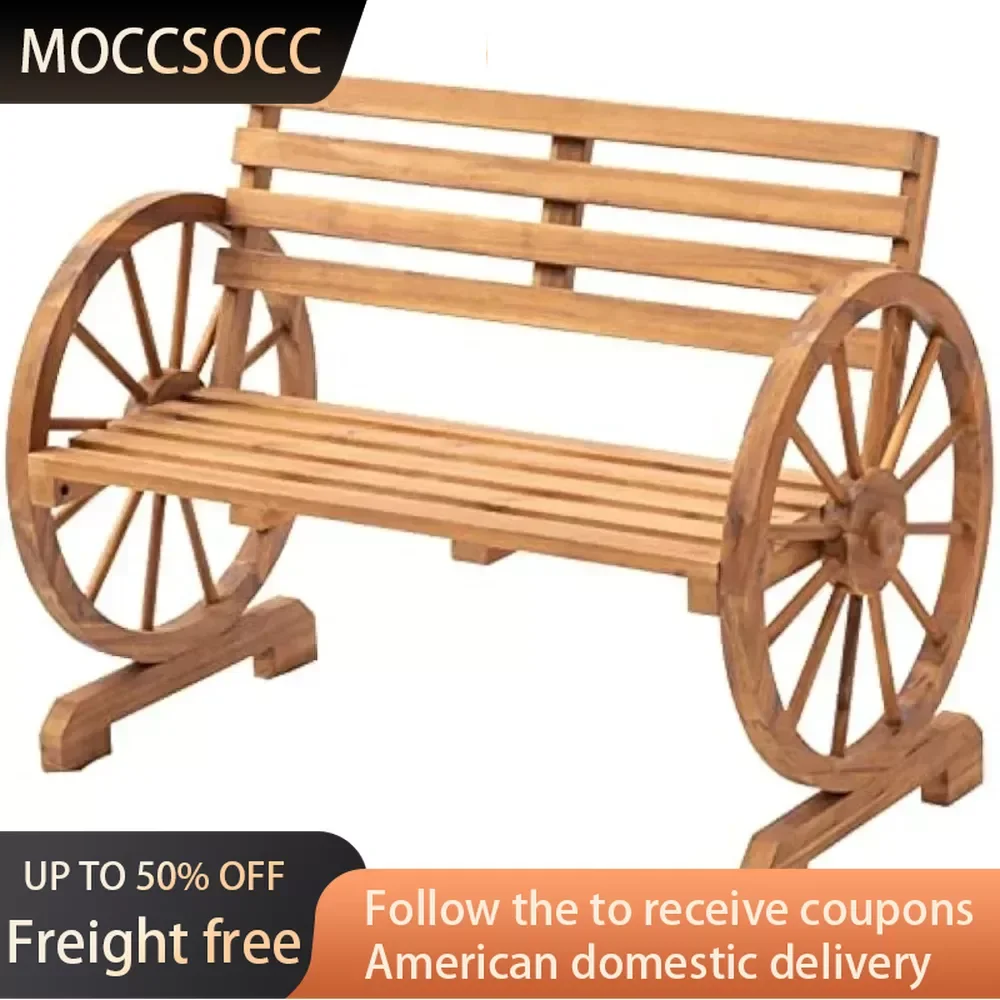 

Wooden Wagon Wheel Bench Outdoor Patio Furniture Lounge Furniture 2-Person Seat Bench for Backyard Log Color Garden Benches Sets