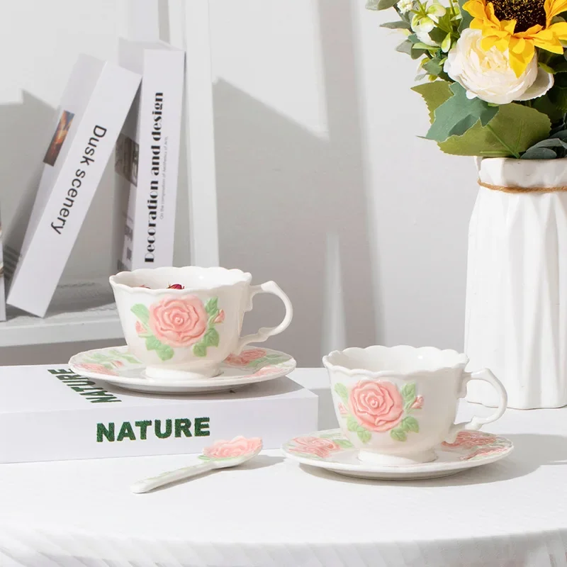 

Ceramic Relief Coffee Cup Saucer Hand Color Rose Coffee Cup Household Casual Afternoon Tea Cups Tea Cups