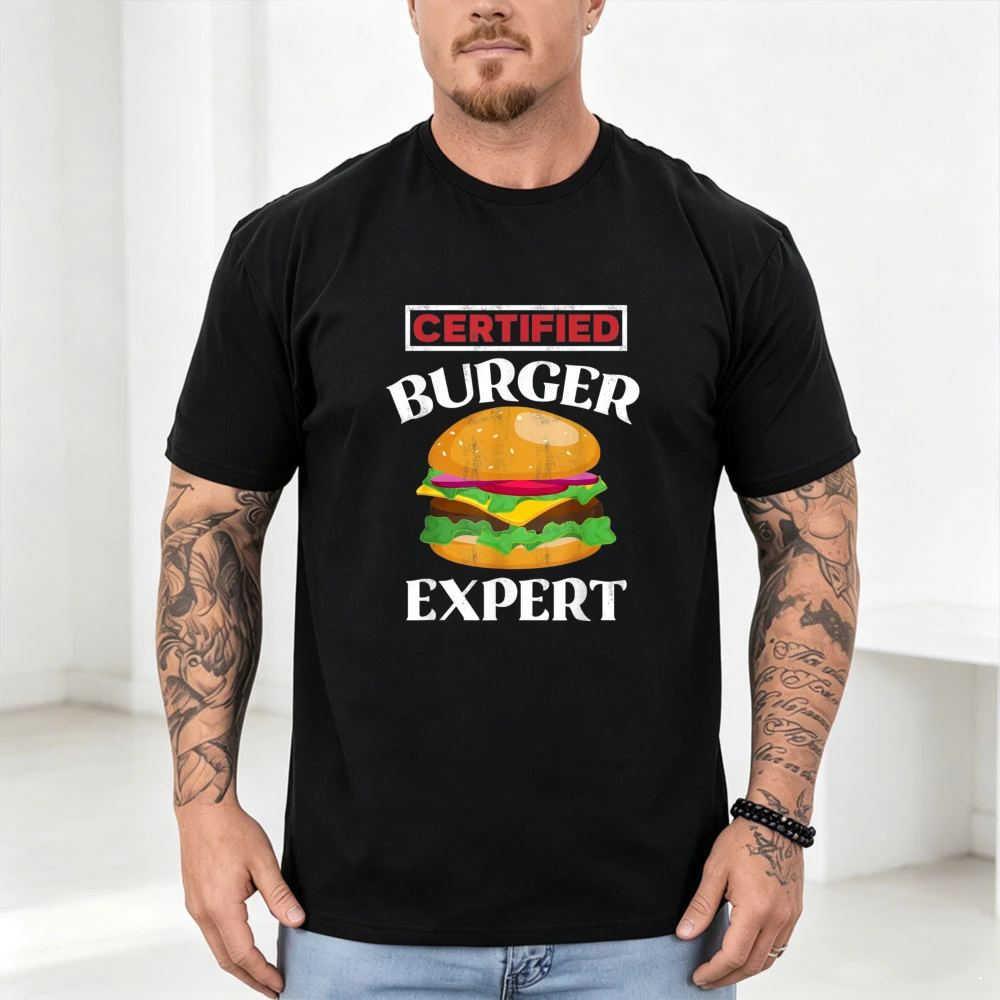 Unisex Cotton Certified Burger Expert Tees Cartoon Cheeseburger Print Summer tshirt Fast Food Fan Casual Soft Streetwear Tops