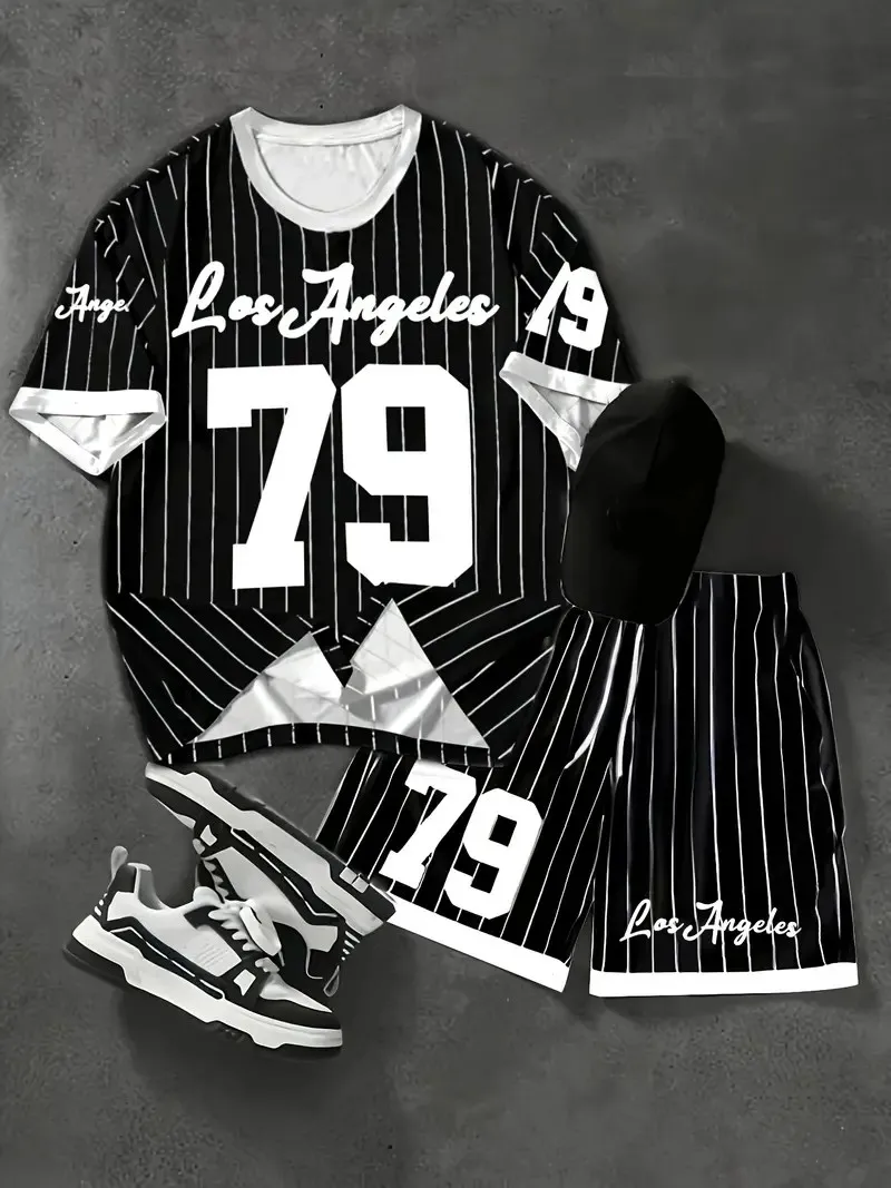 The 2025 summer new men's set features street fashion casual comfort softness breathability and 3D digital pattern printing