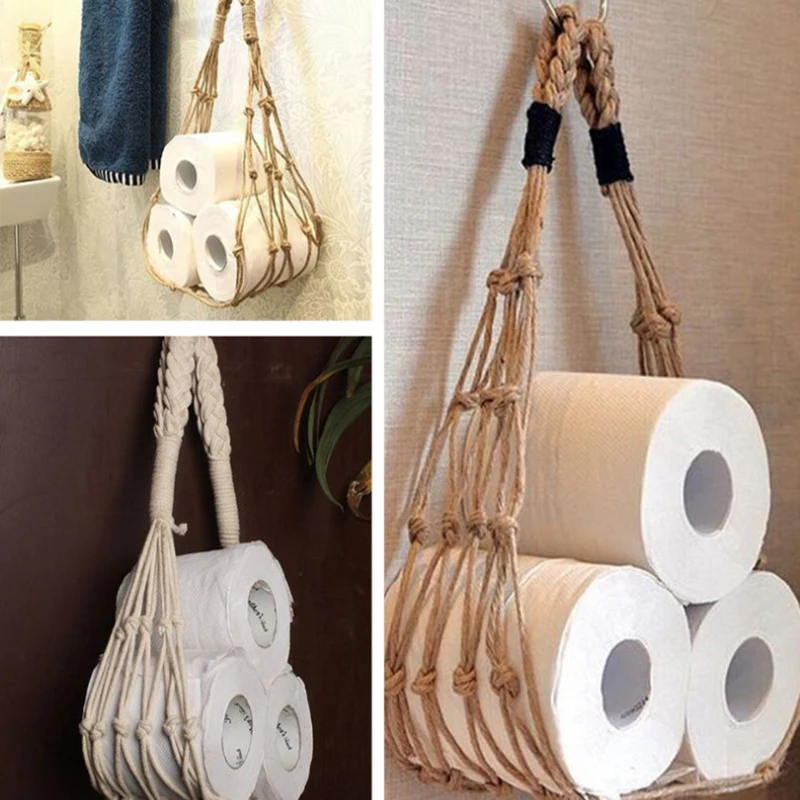 1PC Hanging Cotton Rope Toilet Paper Holder Mesh Storage Bag Wall Mounted Tissue Holders Magazine Books Home Hotel Mesh Pocket