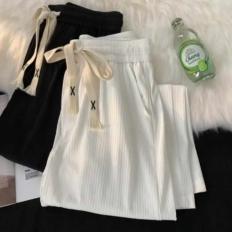

White Ice Silk Wide Leg Pants Men Summer Thin Faion Loose Casual Trousers Drapey Floor-Length Straight Leg Pants