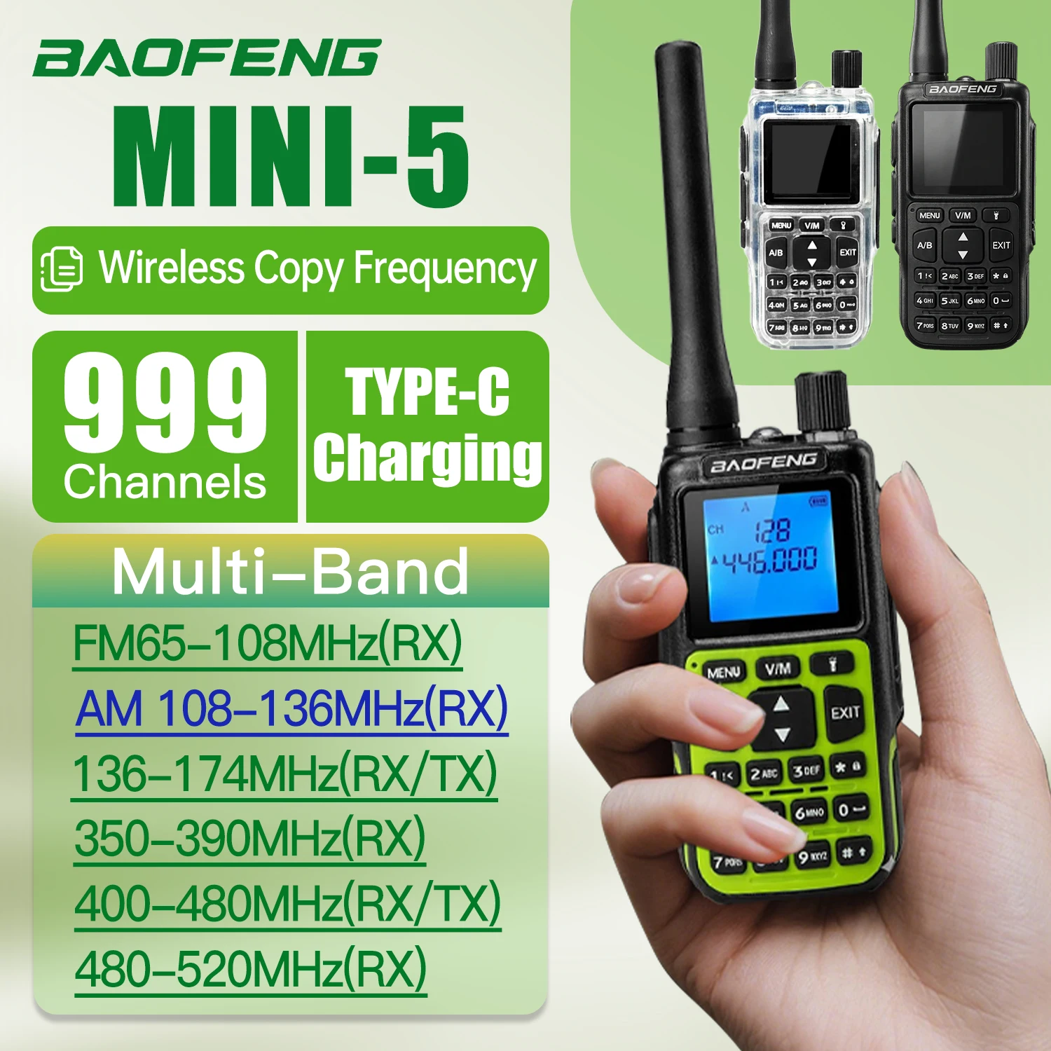 Baofeng MINI-5 Walkie-Talkie Dual-Band Bluetooth Programming 999 Channel Type-C Charging for Self-Driving Camping