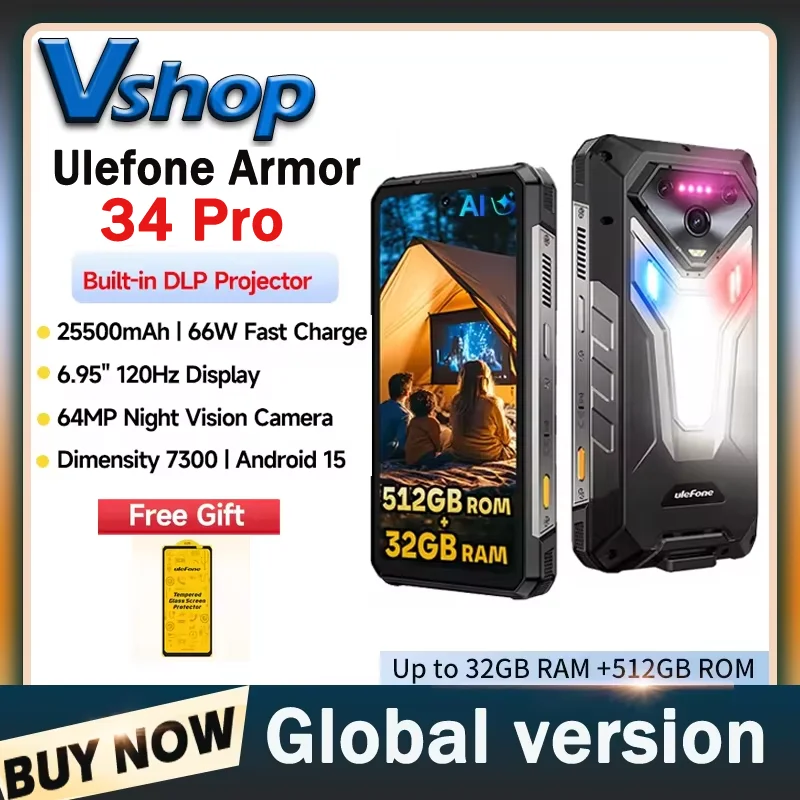 Прочный телефон Ulefone Armor 34 Pro 5G AI, 32 ГБ + 512 ГБ, 25500 мАч, 6,95 дюйма, встроенный проектор, 120 Гц, Android 15 MTK, 7300, NFC-смартфон