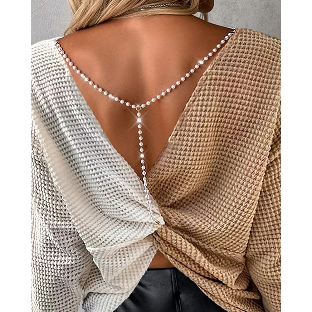 

Women Fashion Cisscross Sexy Blouse Top Holiday Outfit Femme Casual Patchwork Long Sleeve Beaded Decor Korean Top y2k Streetwear