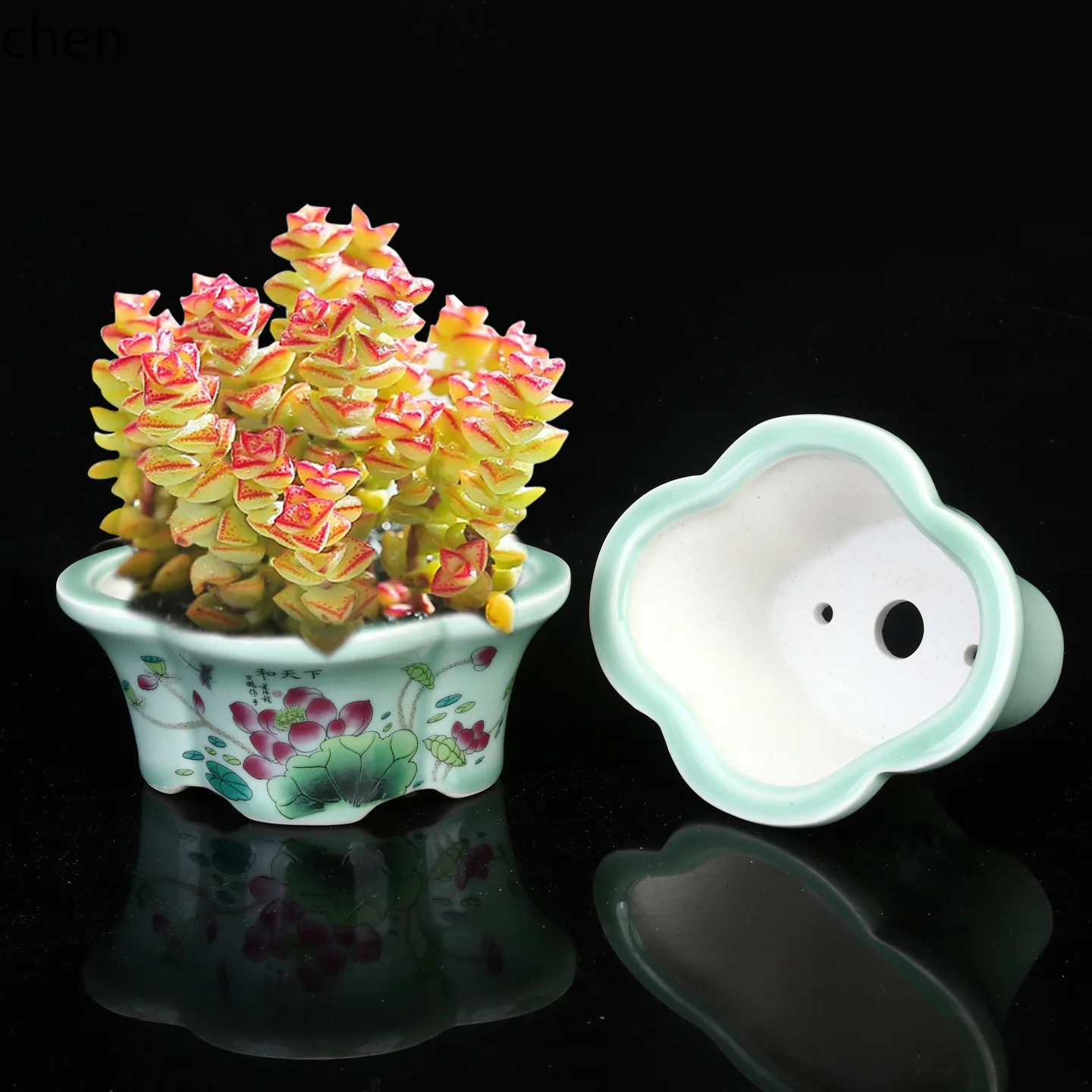 

HYS ceramic glazed decal mini flower pot breathable purple clay pot