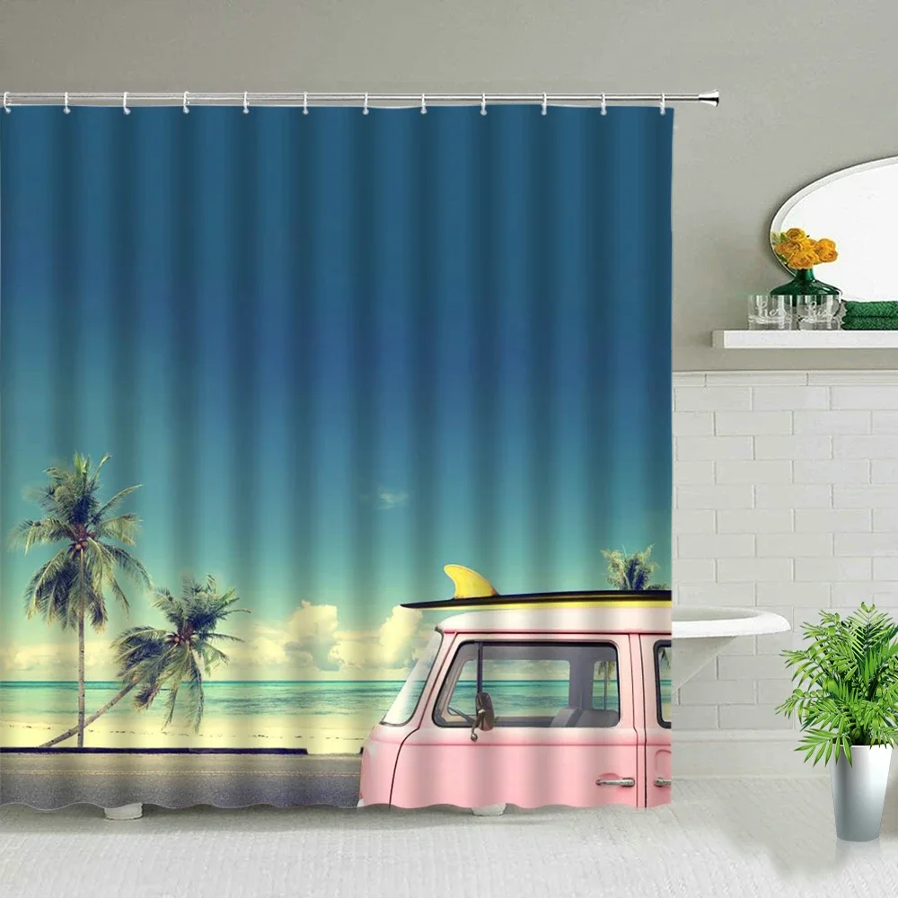 Vintage Summer Holiday Retro Bus Camper Van Shower Curtains Surfboard Palm Tree Bathroom Home Decor Bathtub Curtain With Hooks