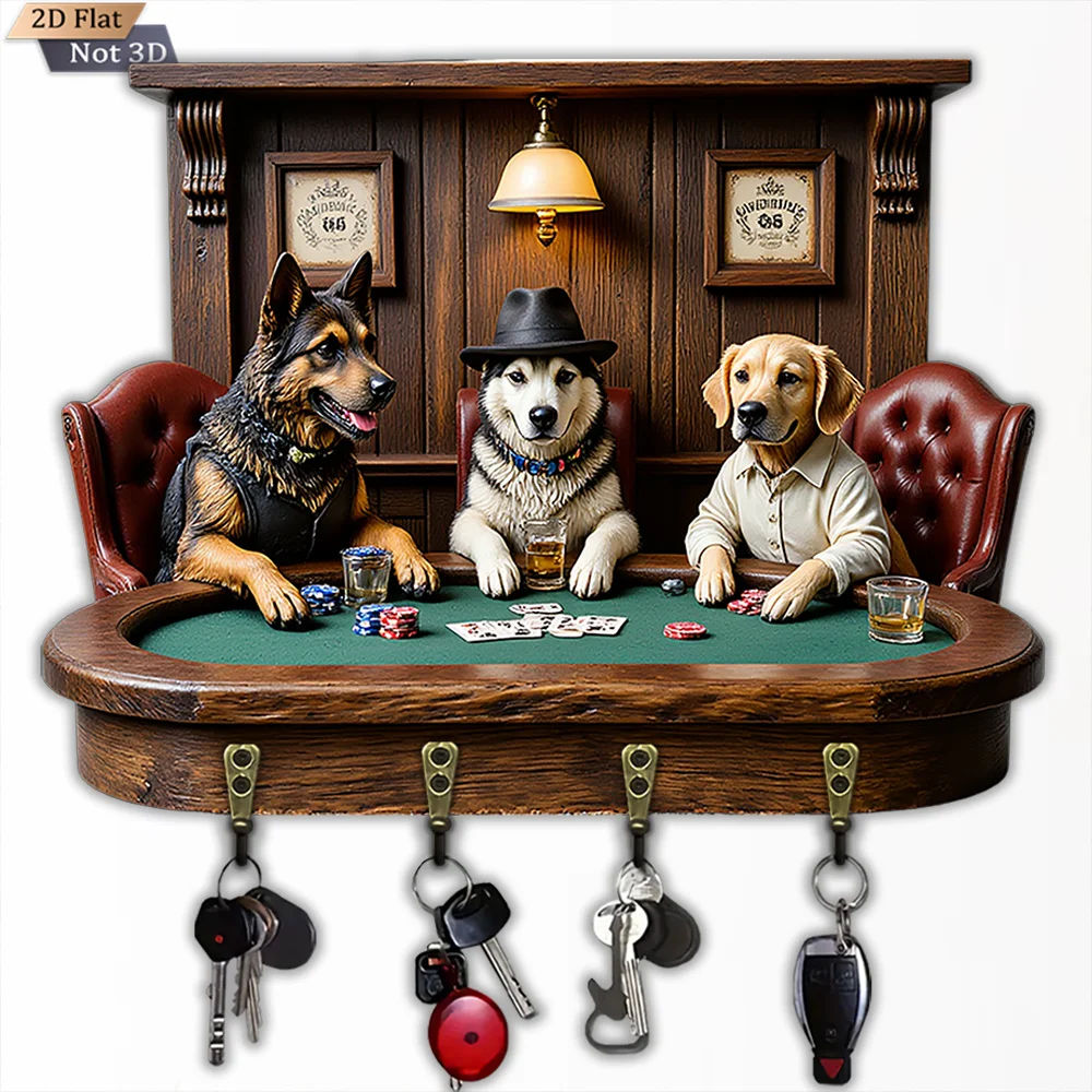2D Flat, 1pc, Dogs Playing Poker Key Hook, Wooden Multifunctional Home Key Hook, with Four Metal Hooks, Wall Decoration, Porch