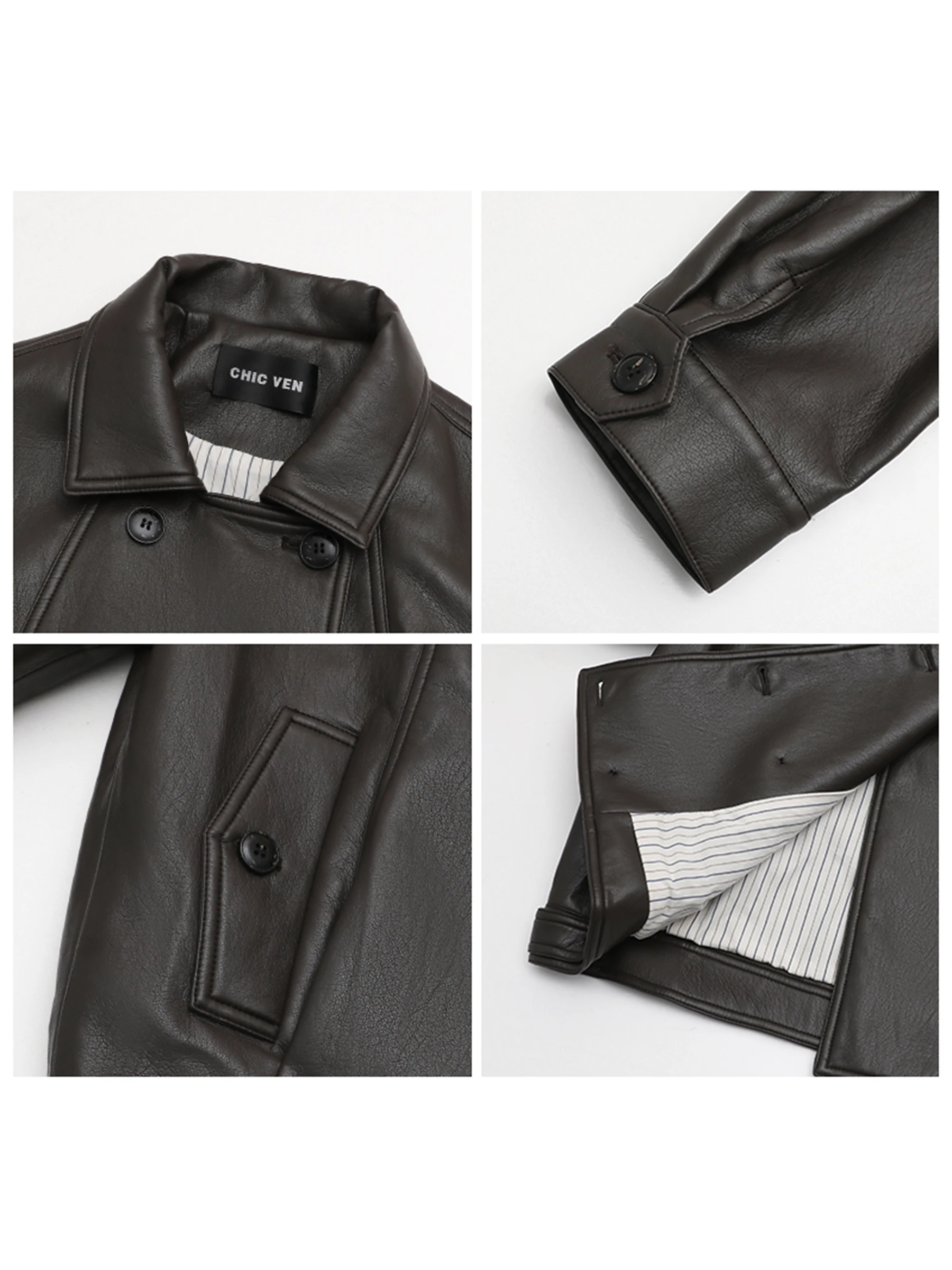 CHIC VEN レディース フェイクレザージャケット 新レトロ バイク風 ルーズ ダブルブレスト PU 女性用ジャケット 秋冬 2025 オーバーサイズ アウター