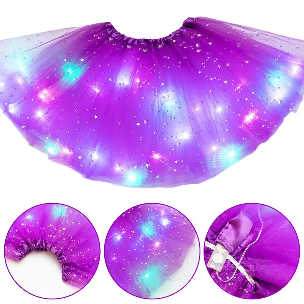 LED Glowing Light Girls Tulle Star Short Tutu Skirt Children Fancy Ballet Dancewear Tulle Light Up Short Dress Light Up Costume