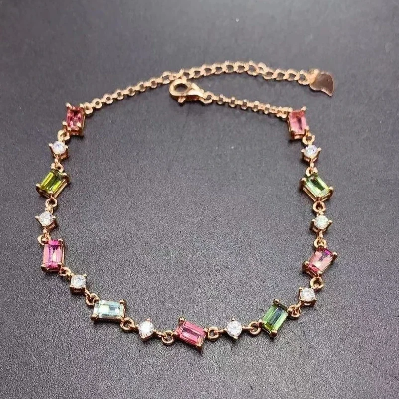 Multi Color Natural Tourmaline Bracelet 3mm*5mm Total 2.7ct Genuine Tourmaline 925 Silver Jewelry