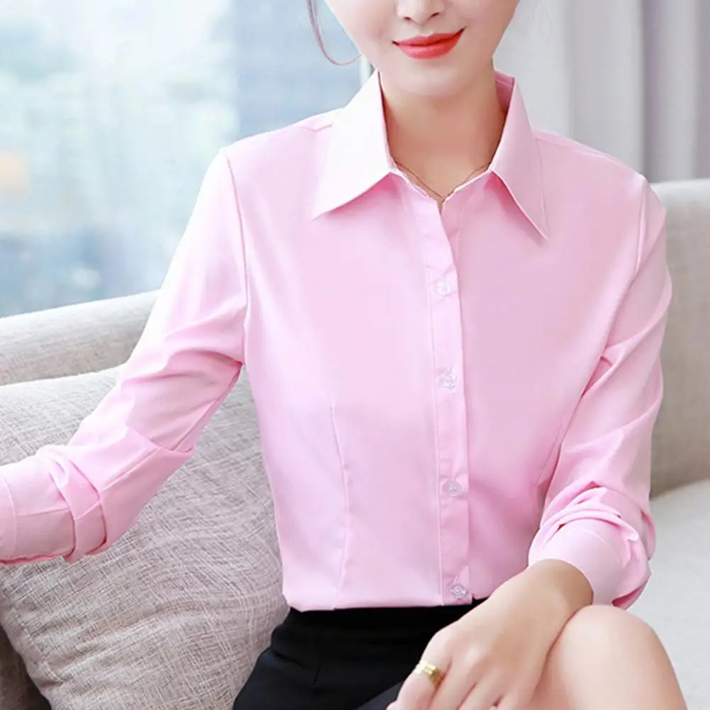 

Minimalist Design Blouse Elegant Lapel Long Sleeve Women's Shirt for Work Formal Events Single Breasted Solid Color Top