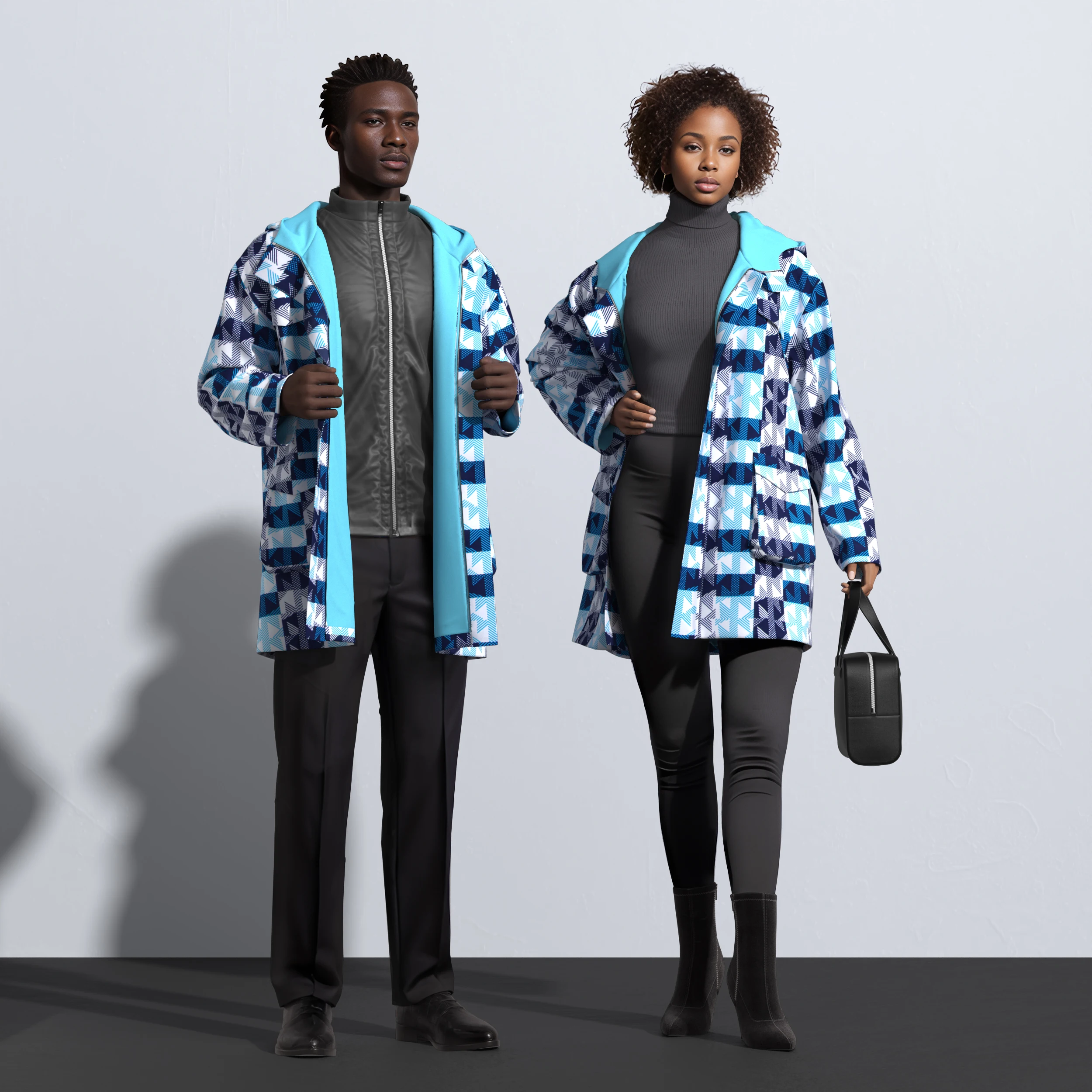 

African Couples Matching Hooded Jackets Unisex Zip-Up Wax Print Trench Coat with Flap Pockets Lightweight Wax Print Top WYQ1123
