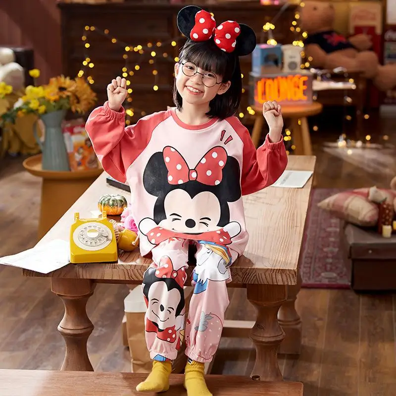 Kawaii Disney Anime Minnie Mouse Kids Pajamas Cute Spring Autumn Ventilation Comfortable Long Sleeves Nightgown Suit Girl Gift