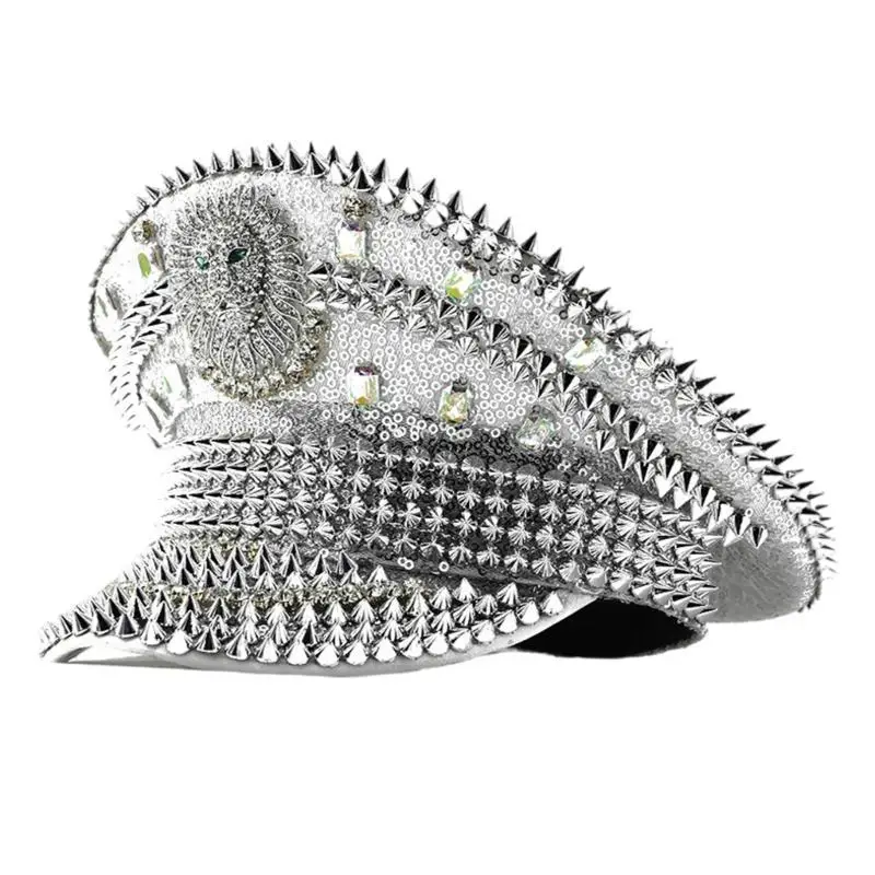 652F Sparkling Lion Pattern Navies Hat Sequins and Rhinestones Decoration Hat