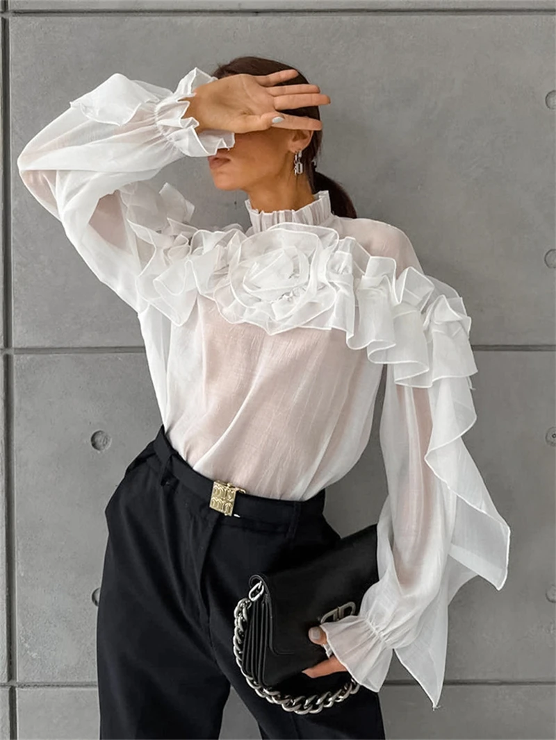 Elegant Ruffles Shirts Blouses Autmn Clothes Women 2024 Fashion Flowers Long Sleeve Loose Shirts Party Club Stand Collar Tops