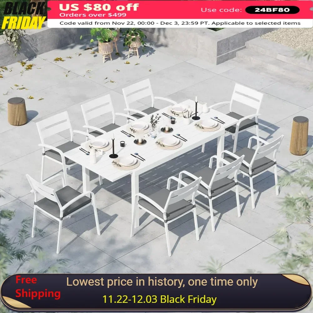 

9-Piece Outdoor Patio Dining Set,8 Stackable Chairs with Gray Removable Cushions,Aluminum Expandable Outdoor Dining Table Set